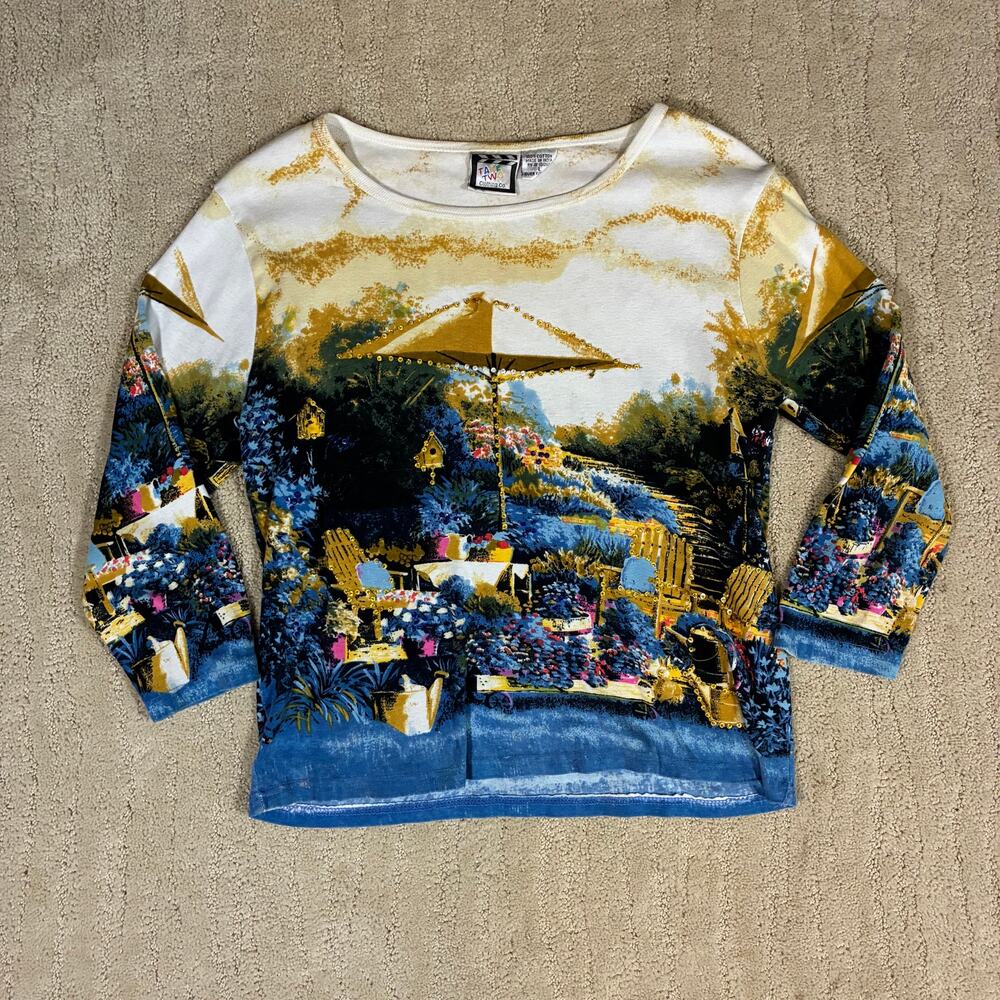 Y2K Euro Take Two Women L Beaded Maximalist 1/4 Sleeve Top Girly Grunge 2000s